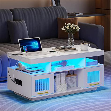 Amazon.com: FOMNEY LED Coffee Table with Charging Station ＆ 4 Storage Spaces, Modern Coffee ...