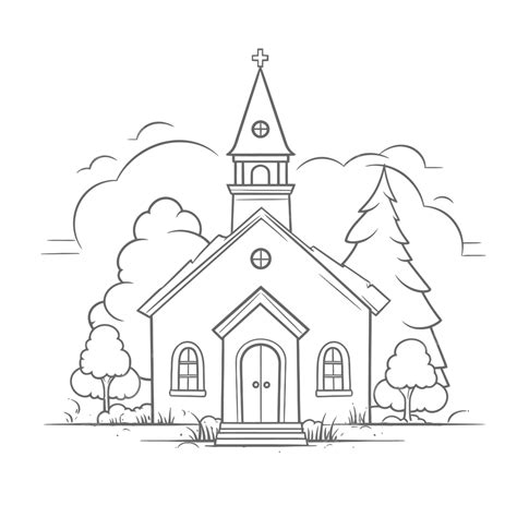 Church With Trees And Plants Is Drawn Using An Outline Sketch Drawing ...