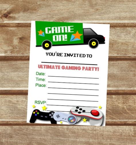 Video Game Truck Fill In Blank Invitations, Printable Gaming Birthday Party, Flat Card ...