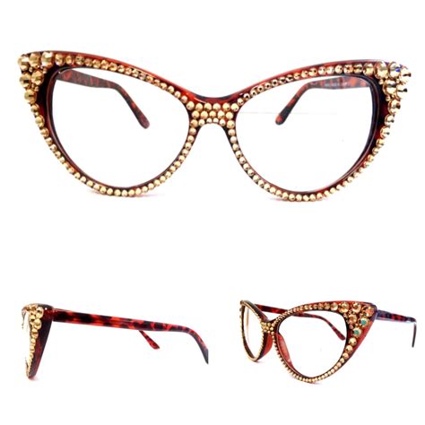 Optical CRYSTAL Cat Eye Glasses - Gold on Brown Frame - Divalicious Eyewear