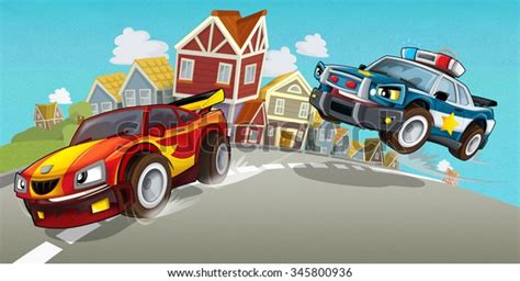 Cartoon Car Chase Illustration Children: ilustración de stock 345800936 ...