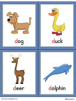 Letter D Words and Pictures Printable Cards: Dog, Duck, Deer, Dolphin (Color) | Alphabet ...