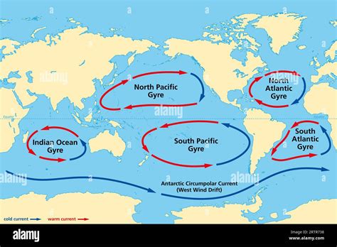 Major ocean gyres, world map. The five most notable ocean gyres ...