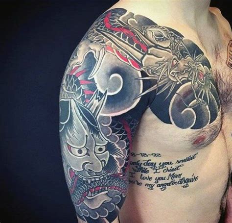 Dragon With Demon Oni Mens Japanese Chest And Half Sleeve Tattoos | Sleeve tattoos, Japanese ...