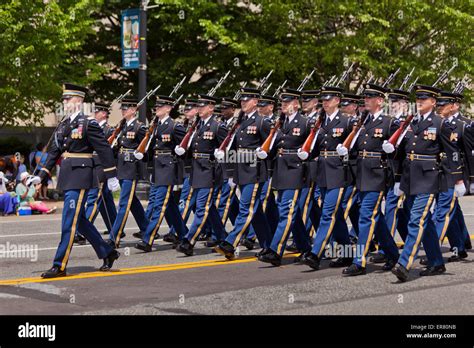 US Army honor guard drill team marching in Memorial Day parade Stock ...