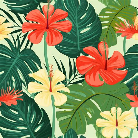 Premium AI Image | a wallpaper with tropical flowers and leaves and a ...