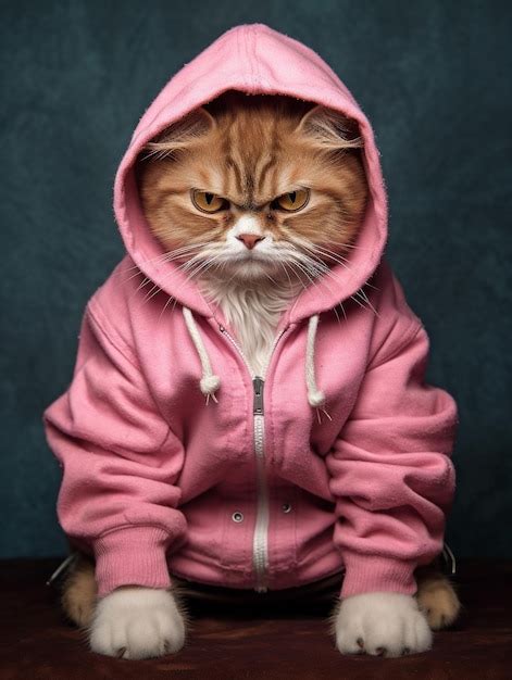 Premium AI Image | a cat wearing a pink jacket with a hood that says ...