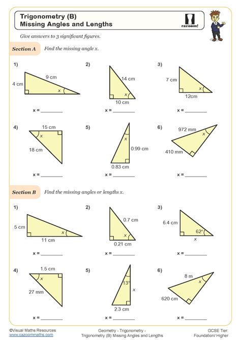 Trigonometry (B) Missing Angles and Lengths Worksheet | Cazoom Maths Worksheets