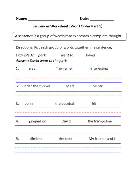 Simple Sentences Worksheets | Word Order Simple Sentences Worksheet Part 1