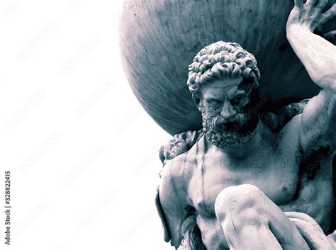 Statue of the Greek God Atlas holding the globe on his shoulders. With ...