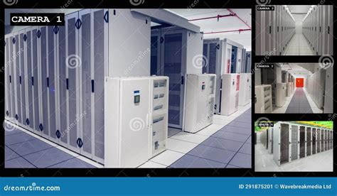 Four Security Camera Views of Business Computer Server Room Interiors ...