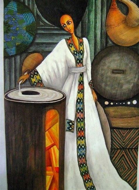 Ethiopia: A painting of a beautiful Ethiopian woman making injera ...