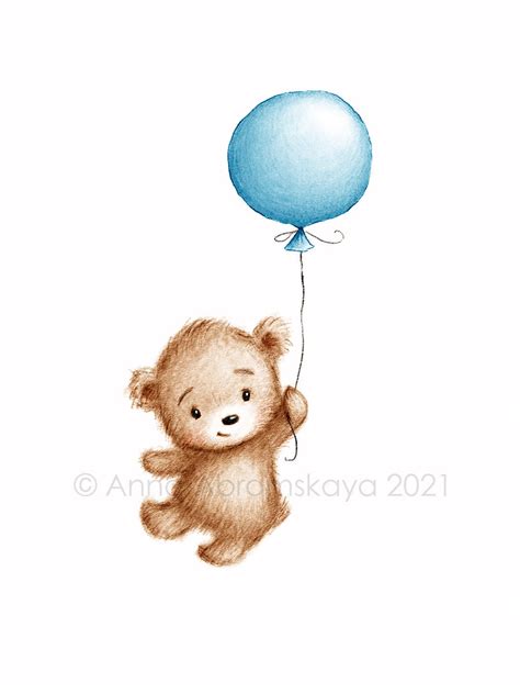 The Drawing of Cute Teddy Bear With Blue Balloon. Printable | Etsy