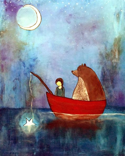 Art Print Woodland Bear Nursery Decor Whimsical Storybook Artwork for Children Star Lake ...