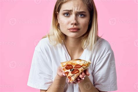 cheerful pretty woman in white t-shirt pizza fast food snack restaurant 21989678 Stock Photo at ...