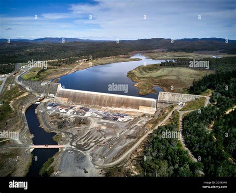 Aerial of Paradise Dam during reconstruction 2021 on the Burnett River Queensland Australia ...