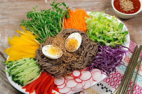 Korean Cold Noodles on a Tray, Jaengban Makguksu Recipe & Video - Seonkyoung Longest