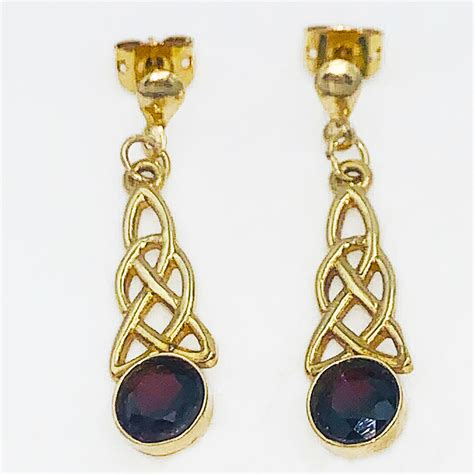 Vintage 9ct Solid Gold Celtic Knot Earrings with large Garnet Drops ...