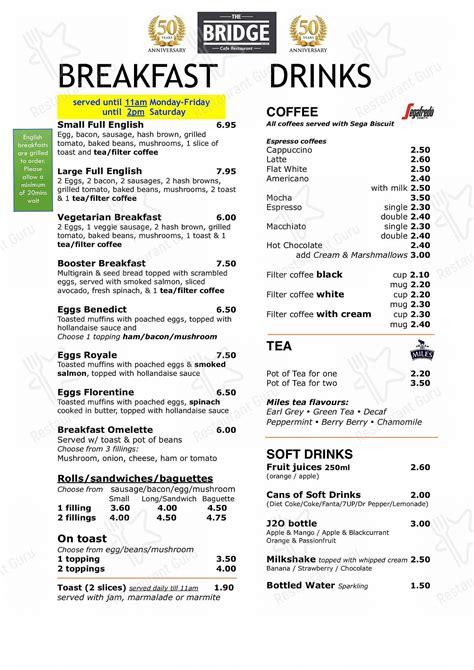 Menu at The Bridge Cafe/Restaurant, Bridgwater