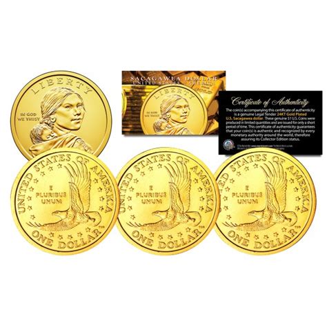 SACAGAWEA $1 Golden Dollar 2000-2008 U.S. Coins 24K GOLD PLATED with Capsules (Quantity 3)