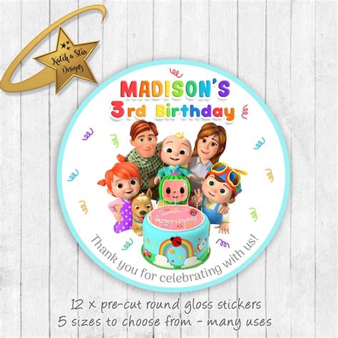 Cocomelon personalised round gloss birthday party stickers x 12 by ...