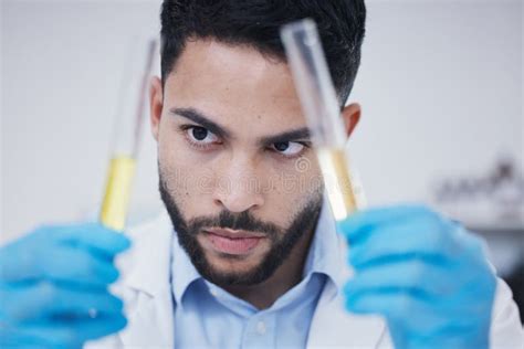 Test Tube, Scientist Thinking and Man in Research, Vaccine Solution or Data Analysis in ...