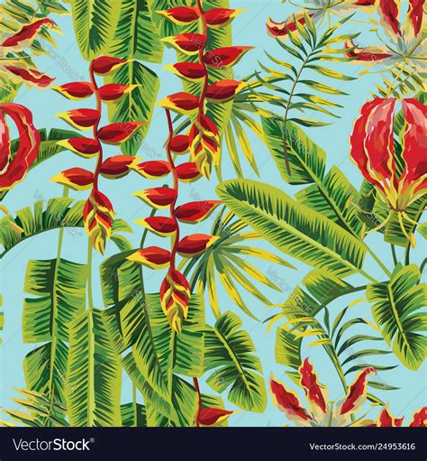 Exotic flowers and banana leaves painting Vector Image