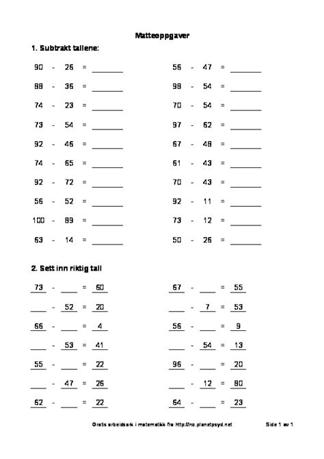 Subtraksjon to tall – 5 sider – Planet Psyd