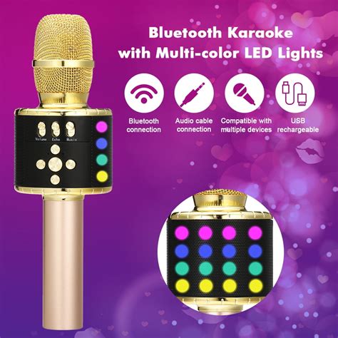 Karaoke Microphone, 4 In 1 Wireless LED Karaoke Microphone with Light, Mini USB Speaker for Home ...