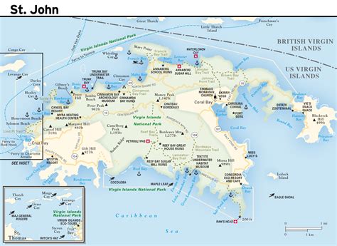 Large road map of St. John Island, US Virgin Islands with other marks ...