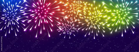 Shiny rainbow fireworks on starry sky background - horizontal panoramic ...