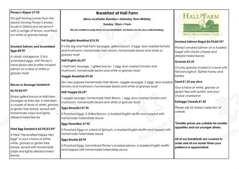 Menu at Hall Farm Dedham cafe, Colchester