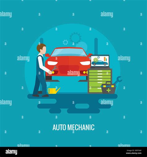 Auto mechanic in repair service center with car and working tools flat vector illustration Stock ...