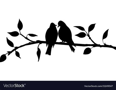 vector silhouettes of birds at tree, hand drawn songbirds at branch, Valentine symbol, a pair of ...