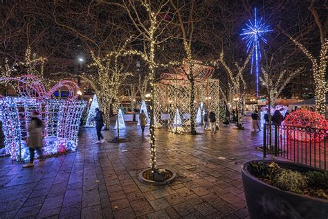 Westlake Park in downtown Seattle features illuminated trees and ...