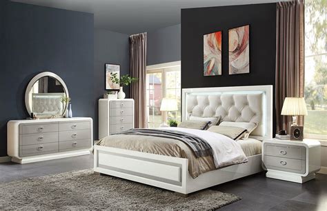 NEW Glossy Off White Bedroom Furniture - GRAYSON 5pc Queen Lighted Panel Bed Set - Bedroom Sets