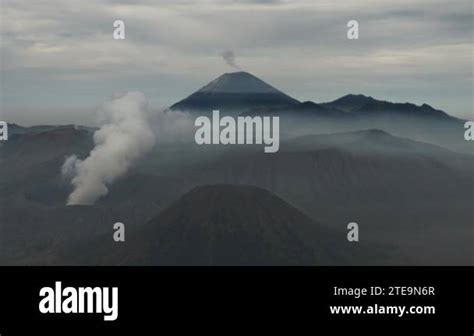 Mount Bromo, Mount Semeru, Batok active volcanoes in East Jawa, Indonesia. View of volcanoes ...