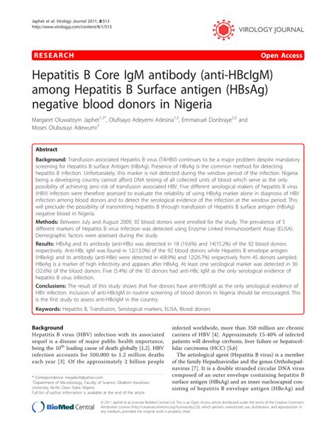 (PDF) Hepatitis B Core IgM antibody (anti-HBcIgM) among Hepatitis B Surface antigen (HBsAg ...