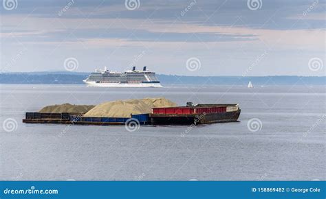 Barge and Cruise Ship 2 stock photo. Image of water - 158869482