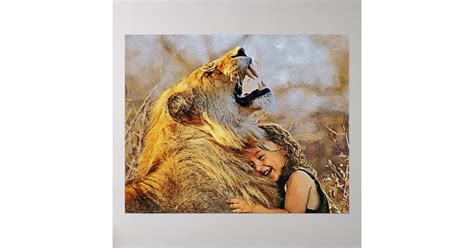 Girl hugging lion art wall for decorate. poster | Zazzle