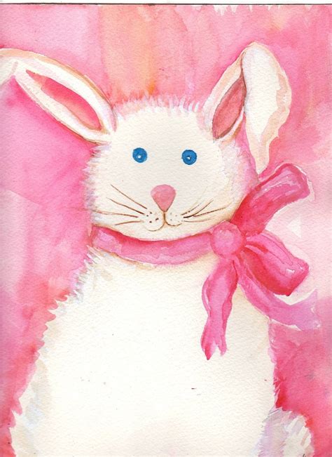 Watercolor Painting Bunny Rabbit Original 5 x 7 white rabbit wall art, pink background | Bunny ...