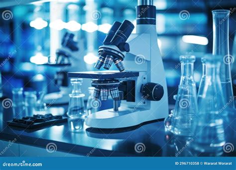 A Microscope with Lab Glassware in Modern Medical Laboratory Stock Illustration - Illustration ...