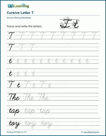 Cursive writing: Letter T worksheets | K5 Learning