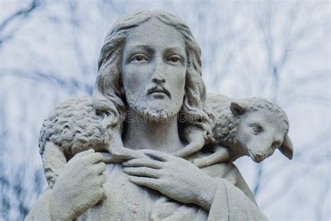 Close Up Ancient Stone Statue of Jesus Christ Good Shepherd with the ...