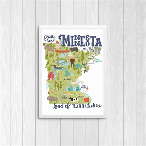 Land of 10000 Lakes Illustrated Minnesota Map Art Print | Etsy