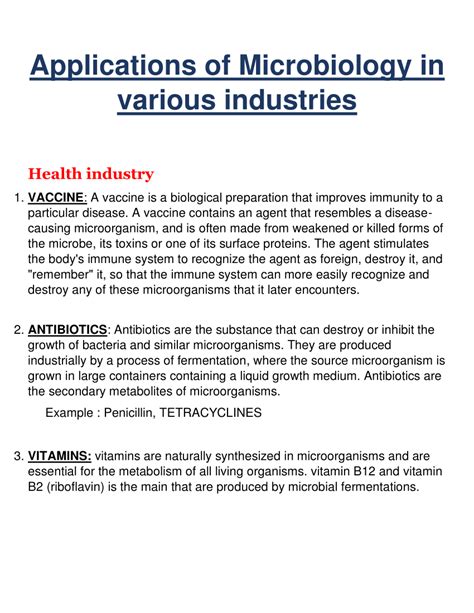 (PDF) Applications of Microbiology in various industries Health industry