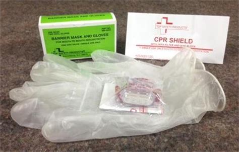 CPR Barrier Mask, 1 pr vinyl gloves inside a green color-coded unit box