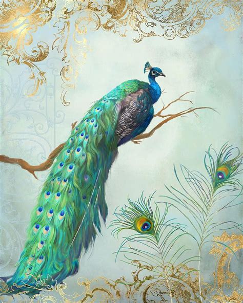 Peacock On Tree Branch Painting - Regal Peacock 1 On Tree Branch W Feathers Gold Leaf by Audrey ...