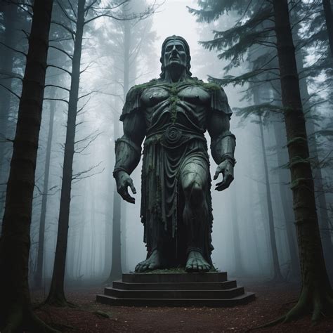 giant eerie statue in a dark forest