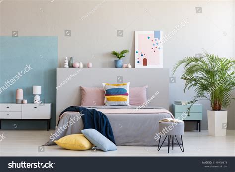 Colorful Pillows On Grey Bed Modern Stock Photo 1145970878 | Shutterstock